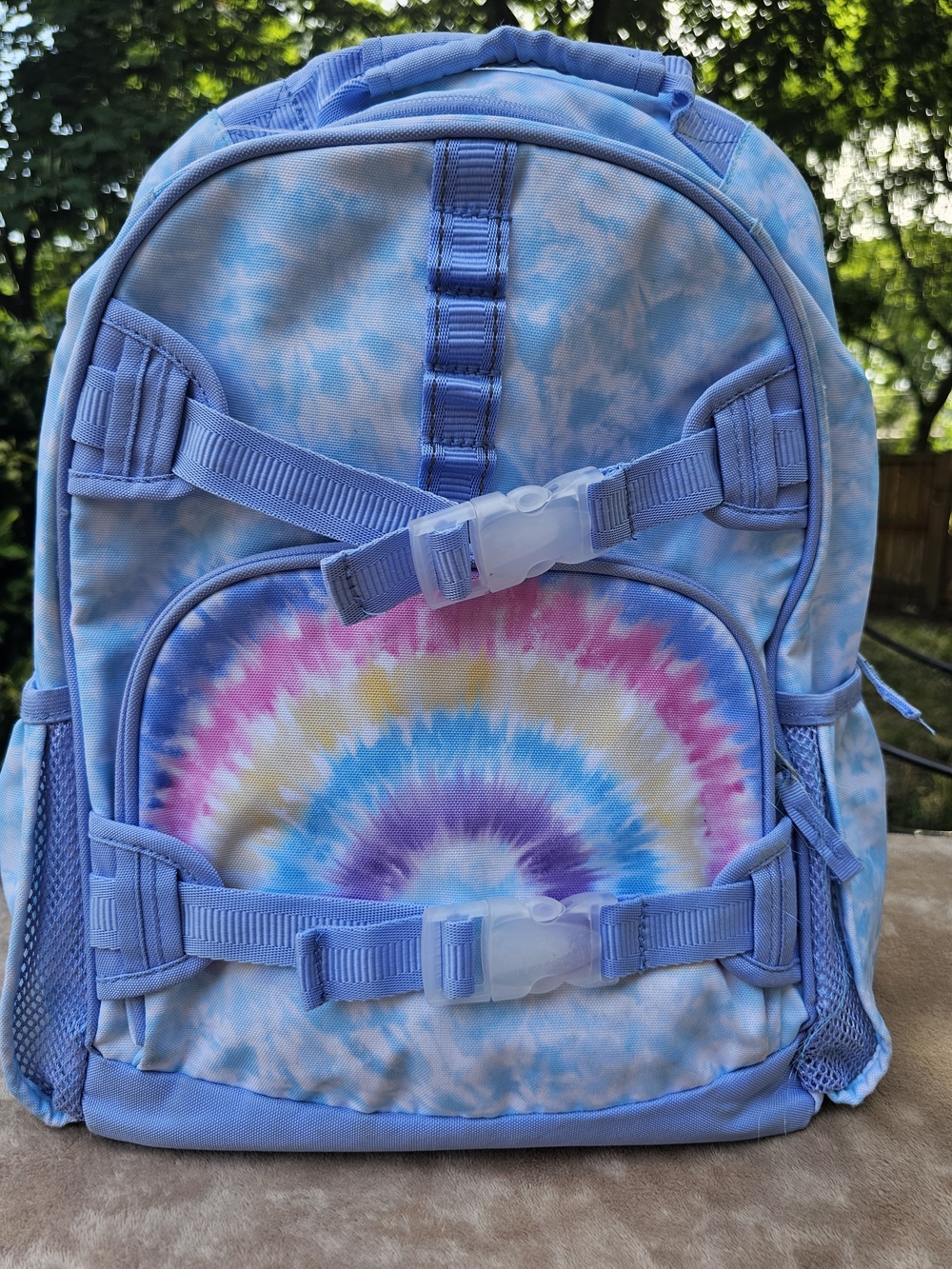 Pottery Barn Kids Blue Tie-Dye Backpack with Rainbow Front Pocket